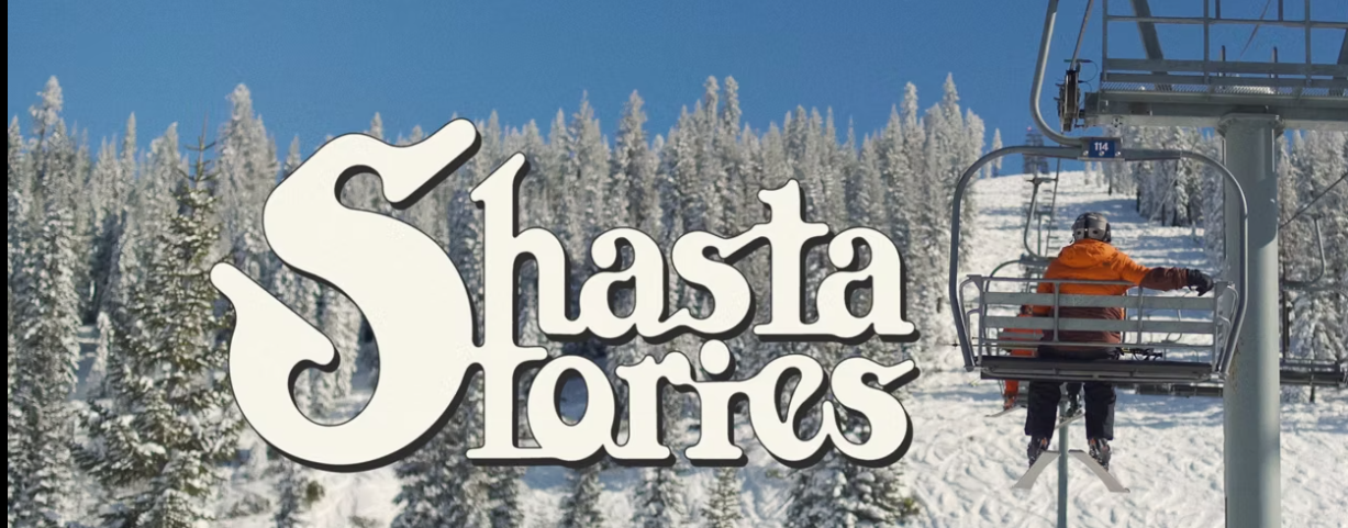 Snow covered trees and ski chair lift in background with blue sky and the words "Shasta Stories" in the foreground